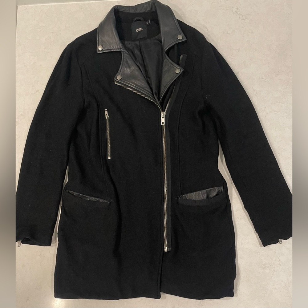 Size 8 ASOS Black Coat with Faux Leather and Zipper Details